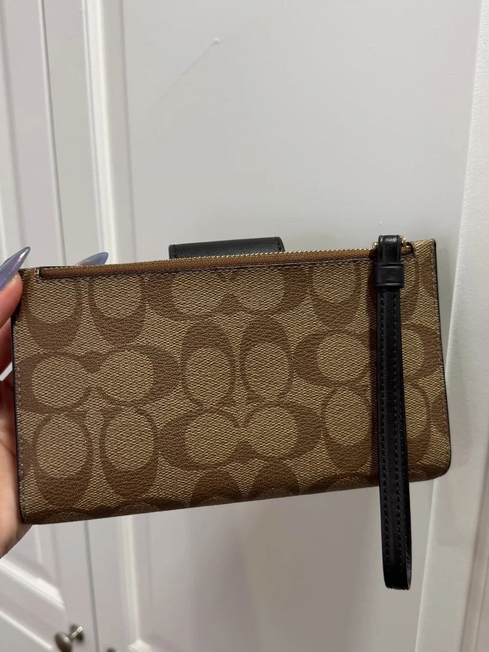 Coach Brown Signature Canvas Card Holder with Black Leather Trim